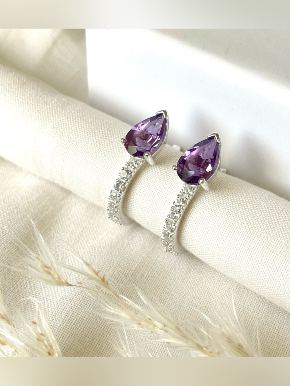 Sterling Silver Teardrop Amethyst Hoop Earrings